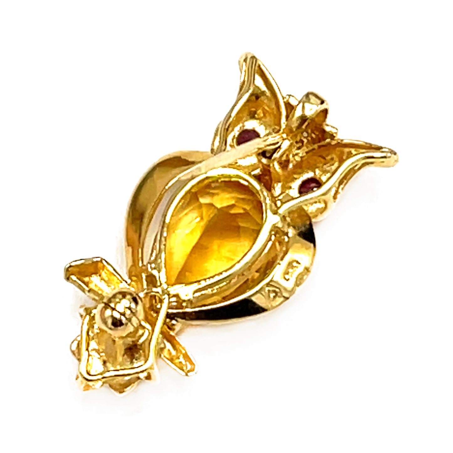 14kt Yellow Gold Citrine Owl Pin with Ruby Eyes