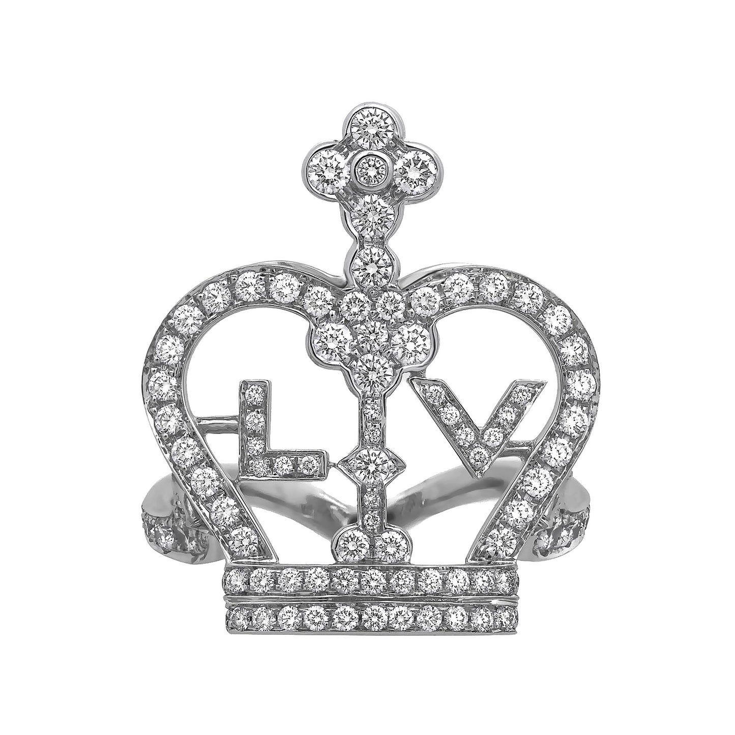 Louis Vuitton 18K White Gold Diamond LV Crown Ring