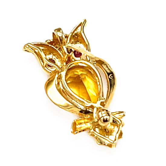 14kt Yellow Gold Citrine Owl Pin with Ruby Eyes