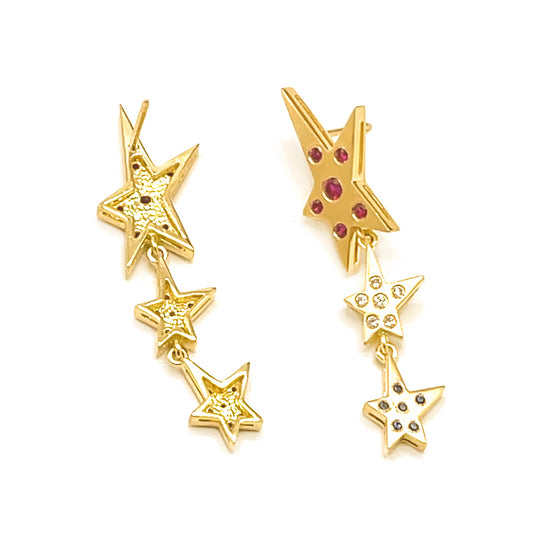 Ruby, Sapphire and Diamond Star Drop Earrings