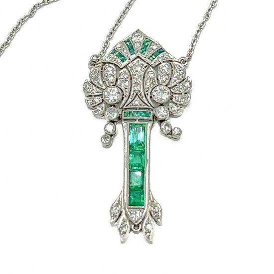 Load image into Gallery viewer, Art Deco Emerald and Diamond Pendant Necklace
