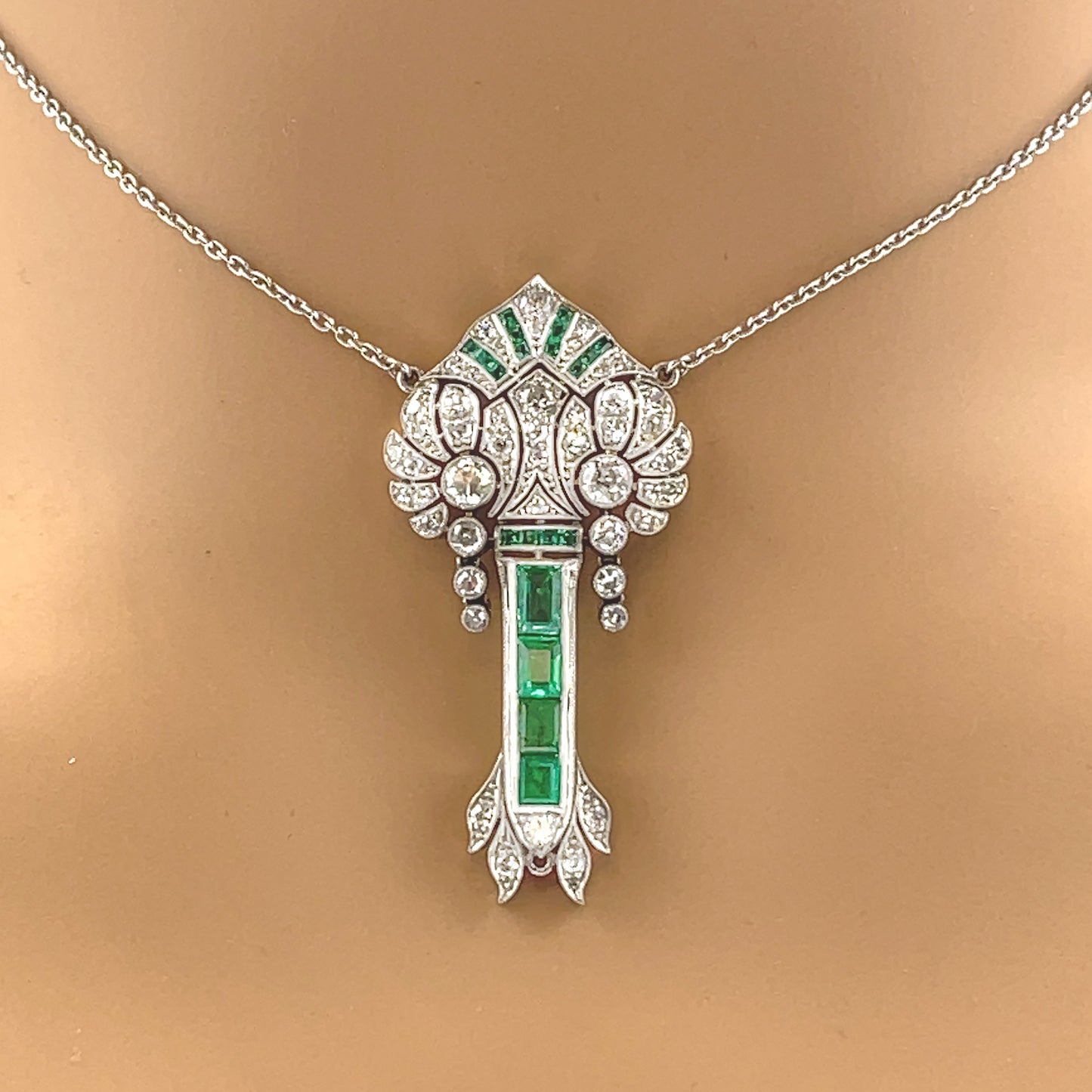 Load image into Gallery viewer, Art Deco Emerald and Diamond Pendant Necklace
