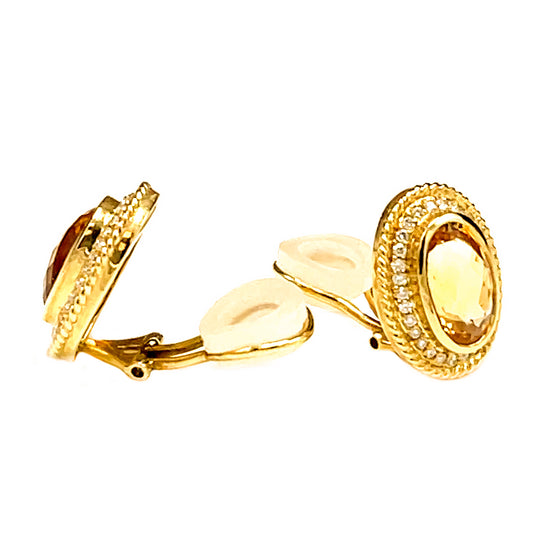 Load image into Gallery viewer, Stunning 14kt Yellow Gold Oval Citrine and Diamond Rope Border Clip-on Earrings
