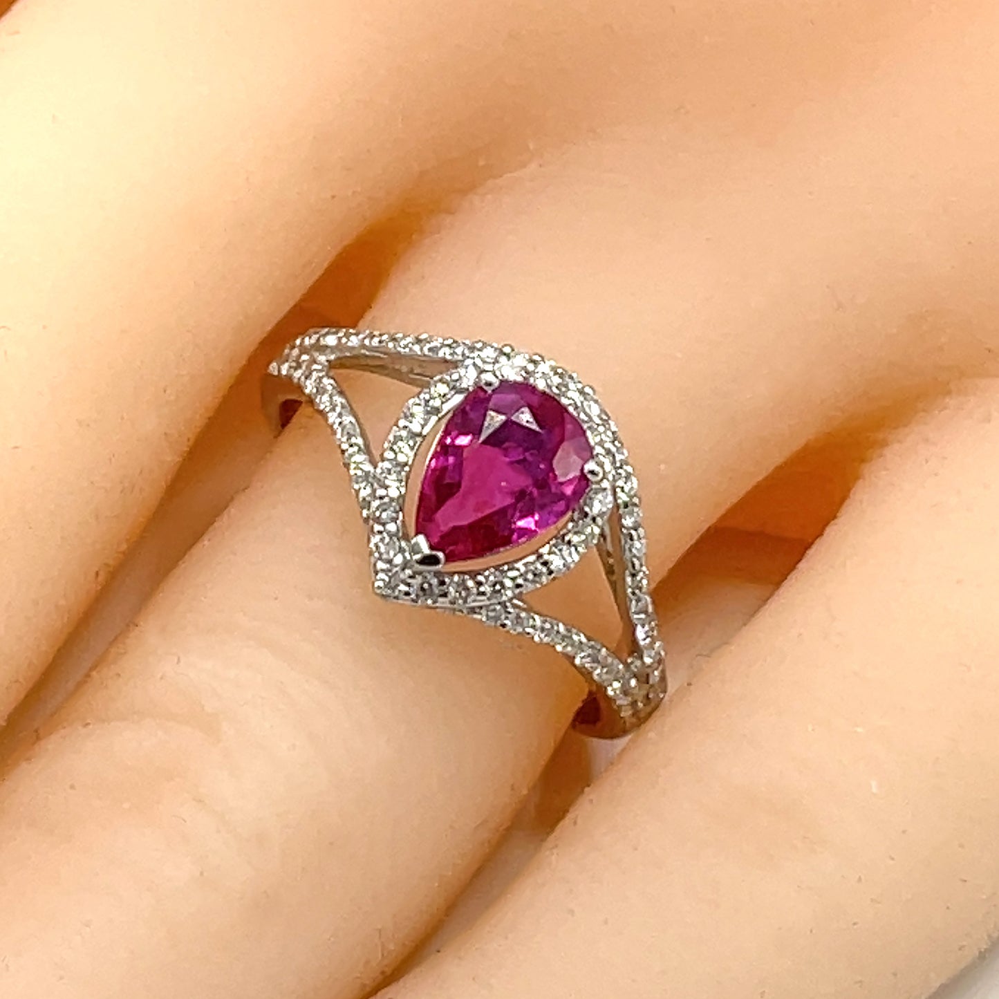 0.47 TW Pear Shape Ruby and Emerald Infinity Style Unique Wedding Band