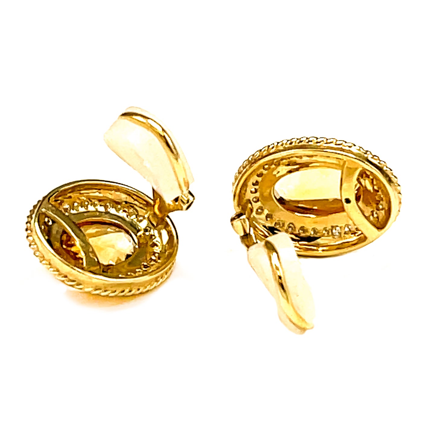 Stunning 14kt Yellow Gold Oval Citrine and Diamond Rope Border Clip-on Earrings