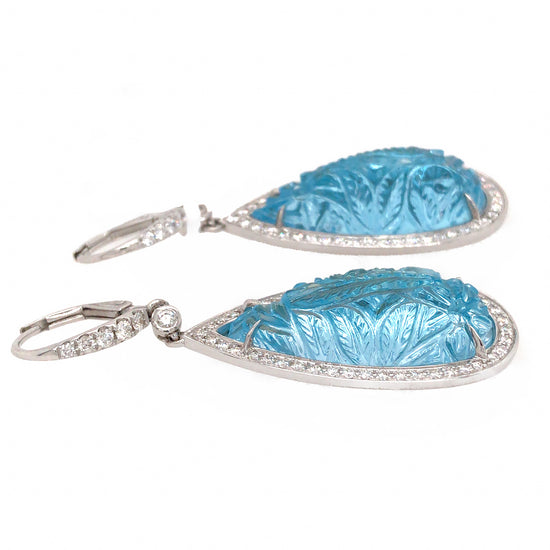 18k White Gold Carved Topaz and Diamond Earrings