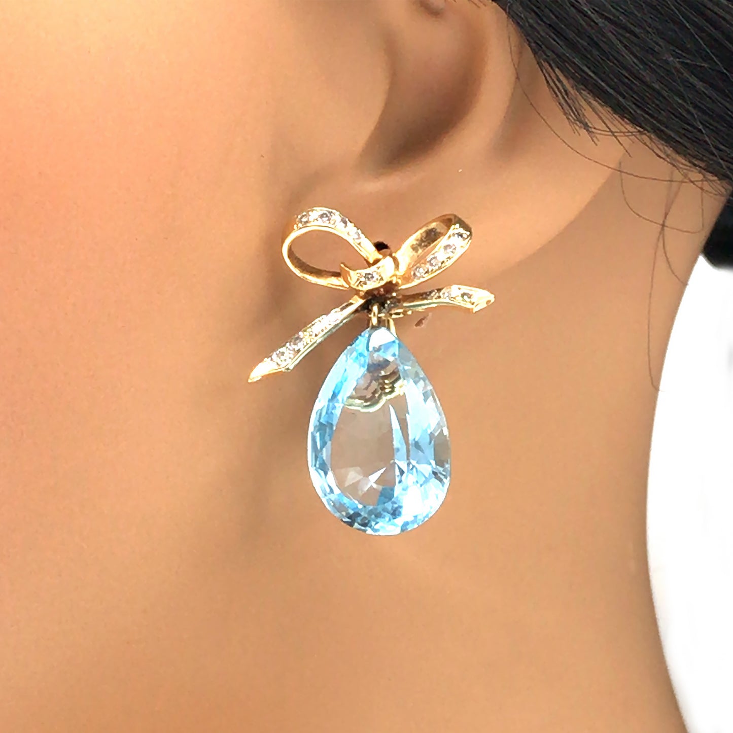 14k Yellow Gold Blue Topaz and Diamond Bow Earrings