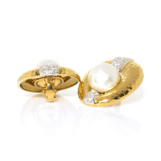 Estate David Webb 18K Yellow Gold and Platinum Pearl and Diamond Earrings