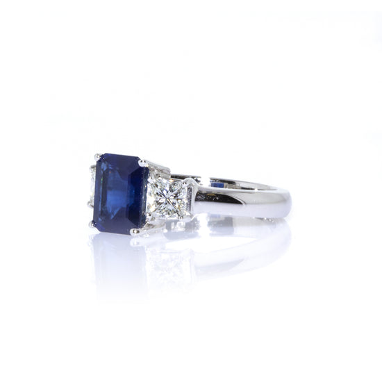 Estate Platinum Emerald Cut Sapphire and Diamond Ring