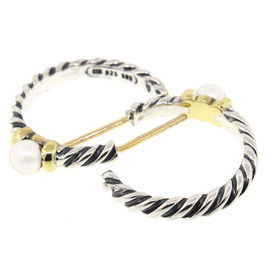 David Yurman Cable Sterling Silver and Gold with Pearl Hoop Earrings
