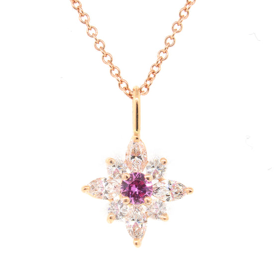 Charming Pink Sapphire and Diamond Starburst Pendant Necklace