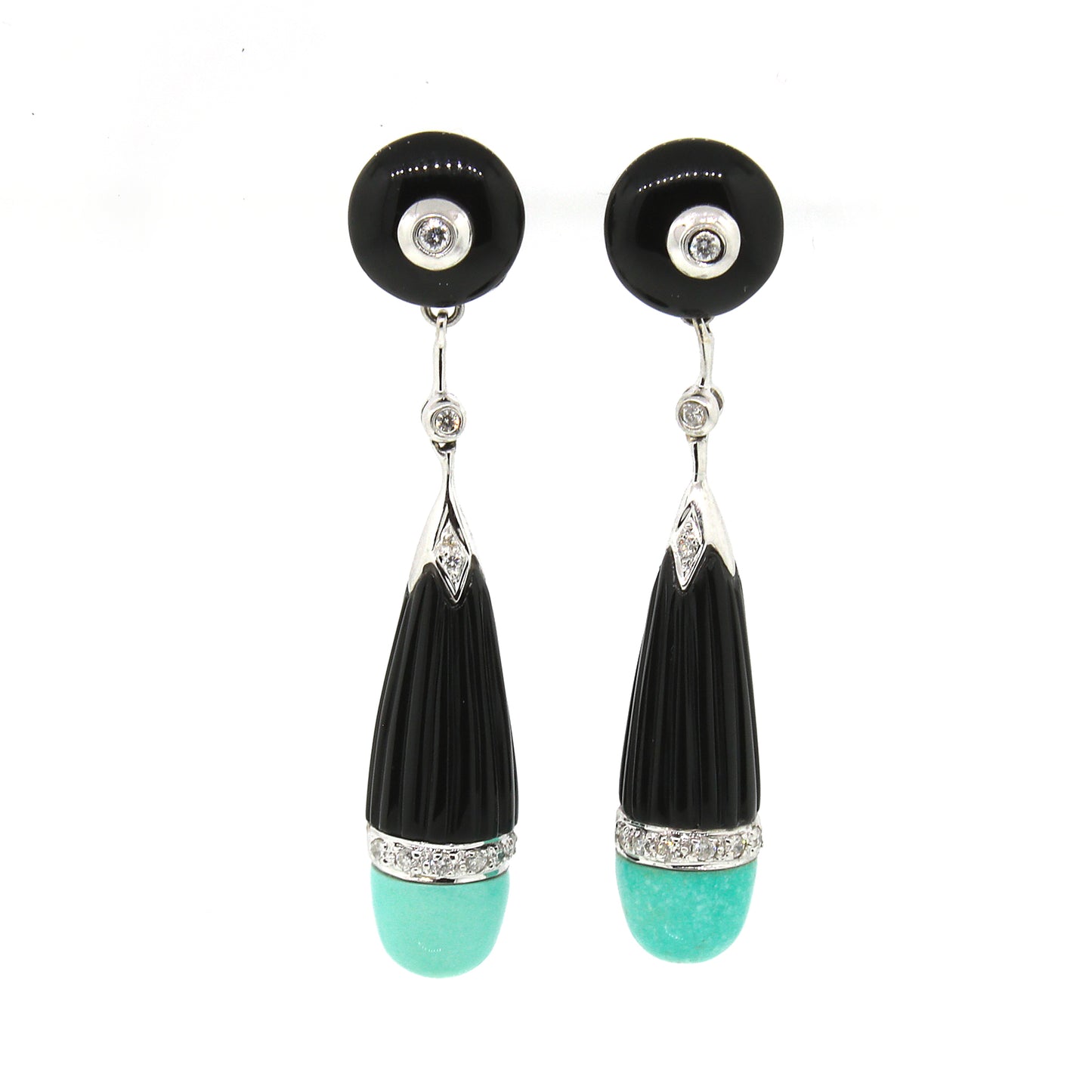 Load image into Gallery viewer, Deco Style Diamond, Onyx and Turquoise Drop Earrings

