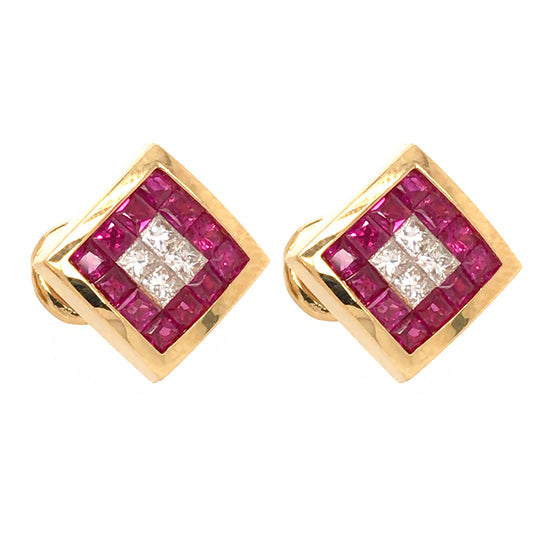 Load image into Gallery viewer, 18k Yellow Gold Ruby and Diamond Tile Earrings
