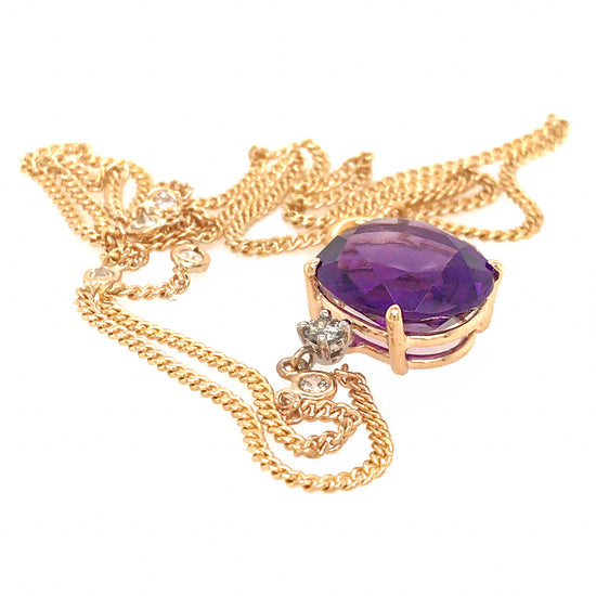 Lovely 14k Yellow Gold Amethyst Pendant with Diamond By the Yard Necklace