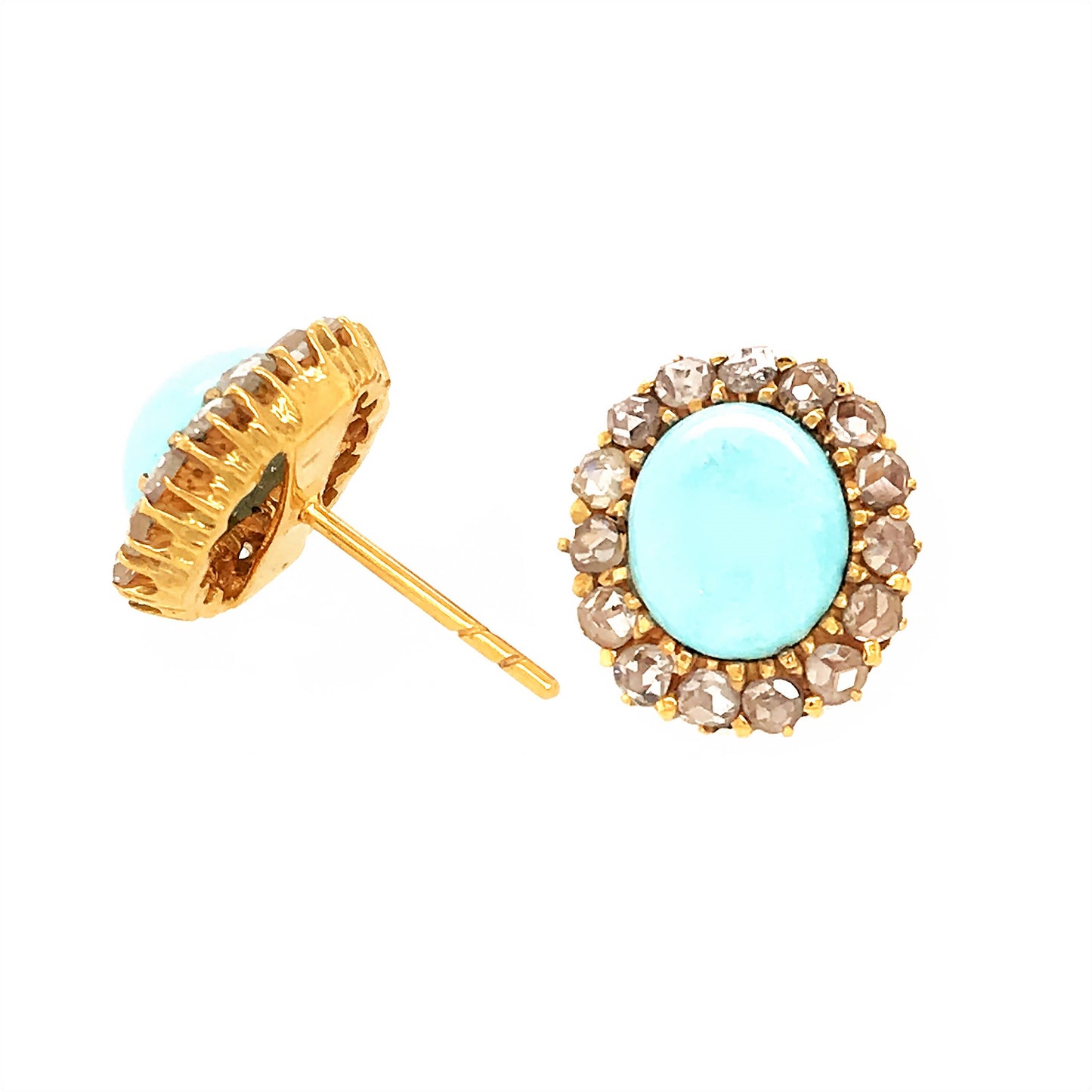 Estate 18k Yellow Gold  Turquoise and Rough Cut Diamond Earrings