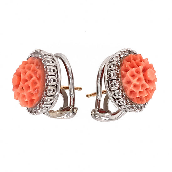 Carved Coral and Diamond Earrings