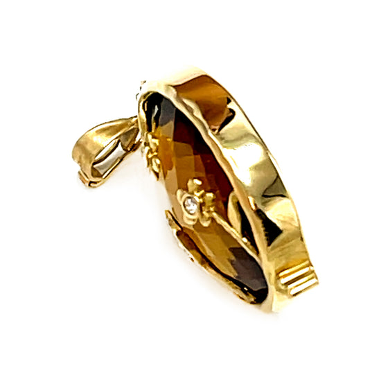 14kt Yellow Gold Oval Smokey Brown Topaz with Small Diamond Flowers Pendant