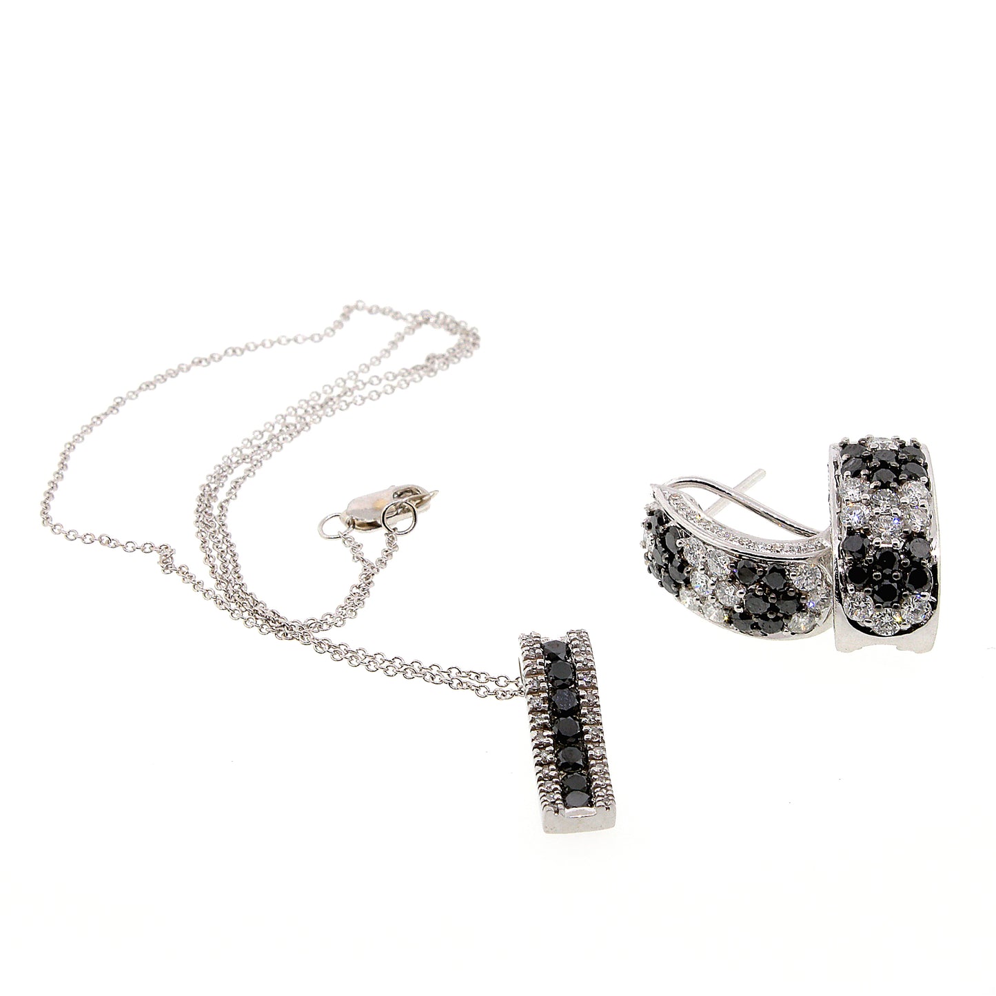 Load image into Gallery viewer, 14k White Gold Black and White Diamond Hoop Earrings and Pendant Set
