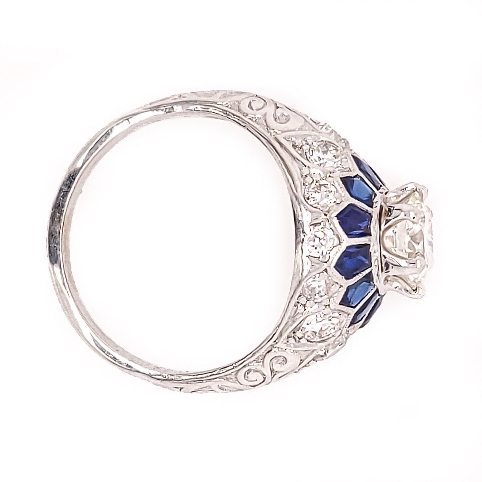 Platinum Art Deco Style Sapphire and Diamond Engagement Ring