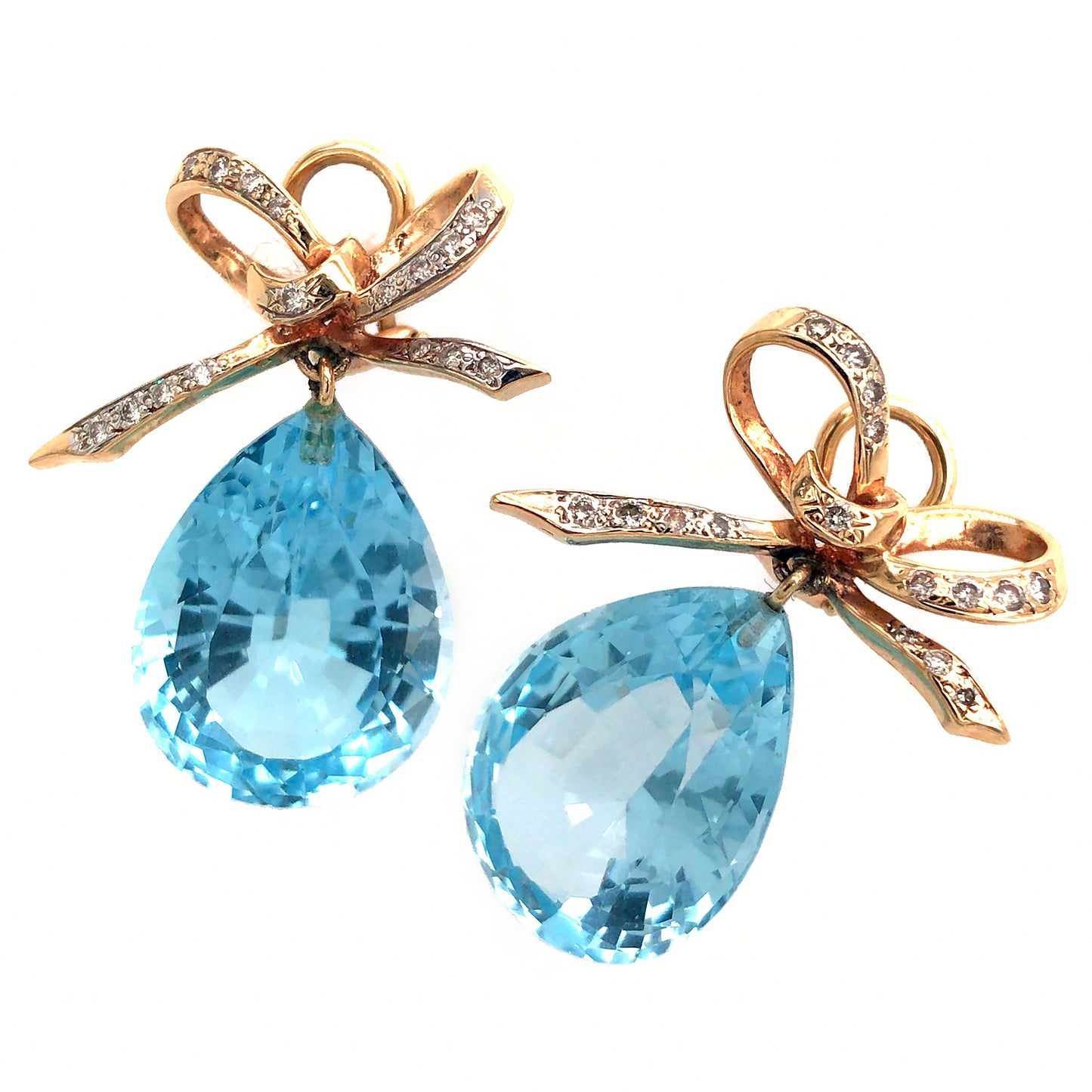 14k Yellow Gold Blue Topaz and Diamond Bow Earrings