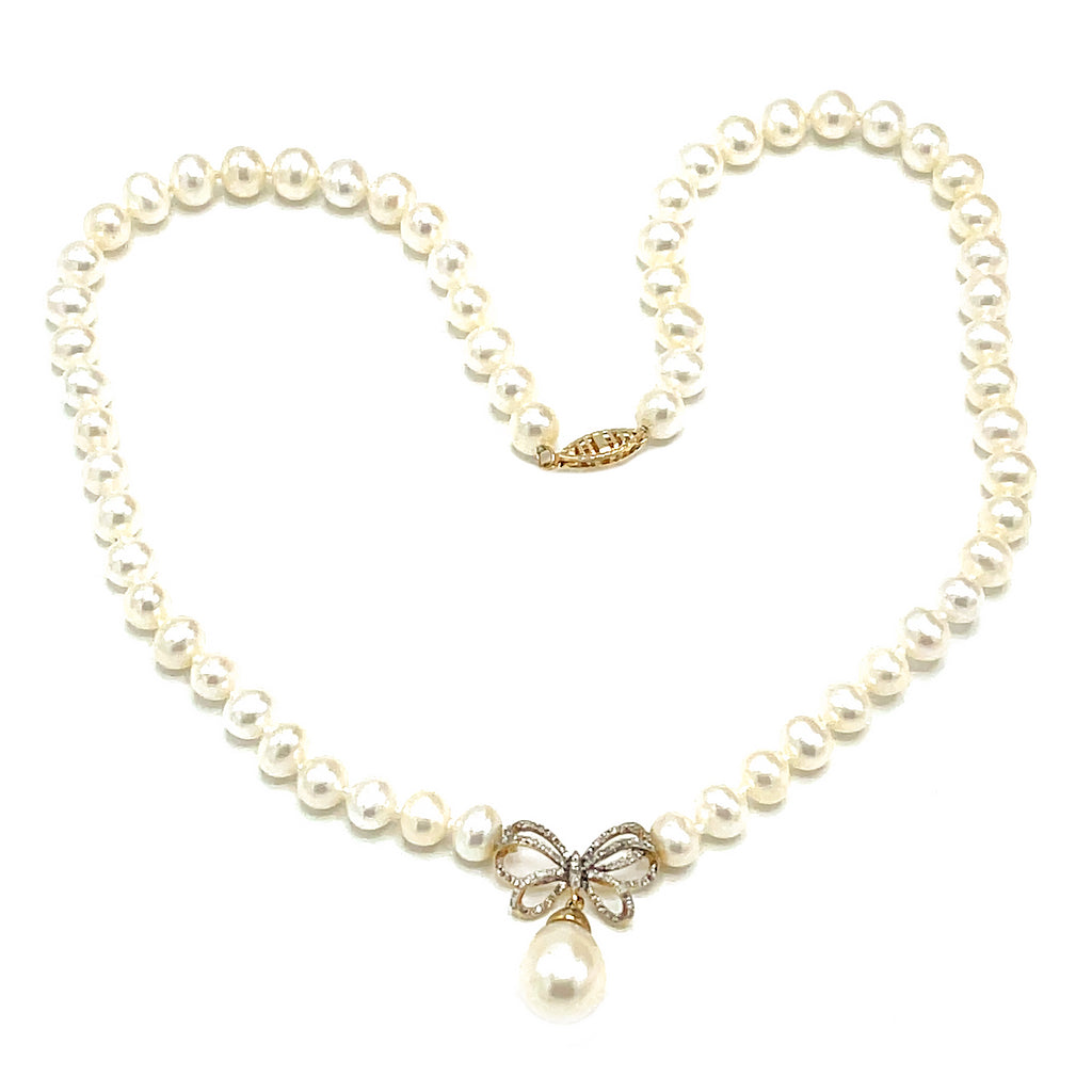 14k Gold Pearl with Diamond Ribbon Necklace – FabOn5th.com