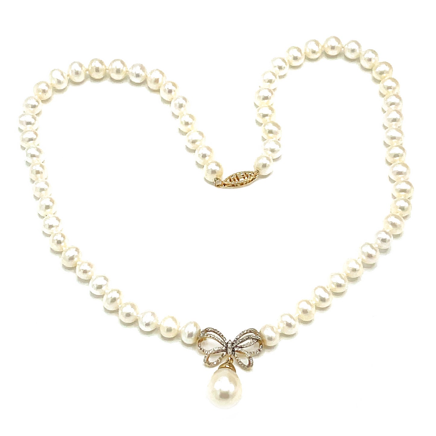 Load image into Gallery viewer, 14k Yellow Gold Pearl with Diamond Ribbon Lock Clasp Necklace
