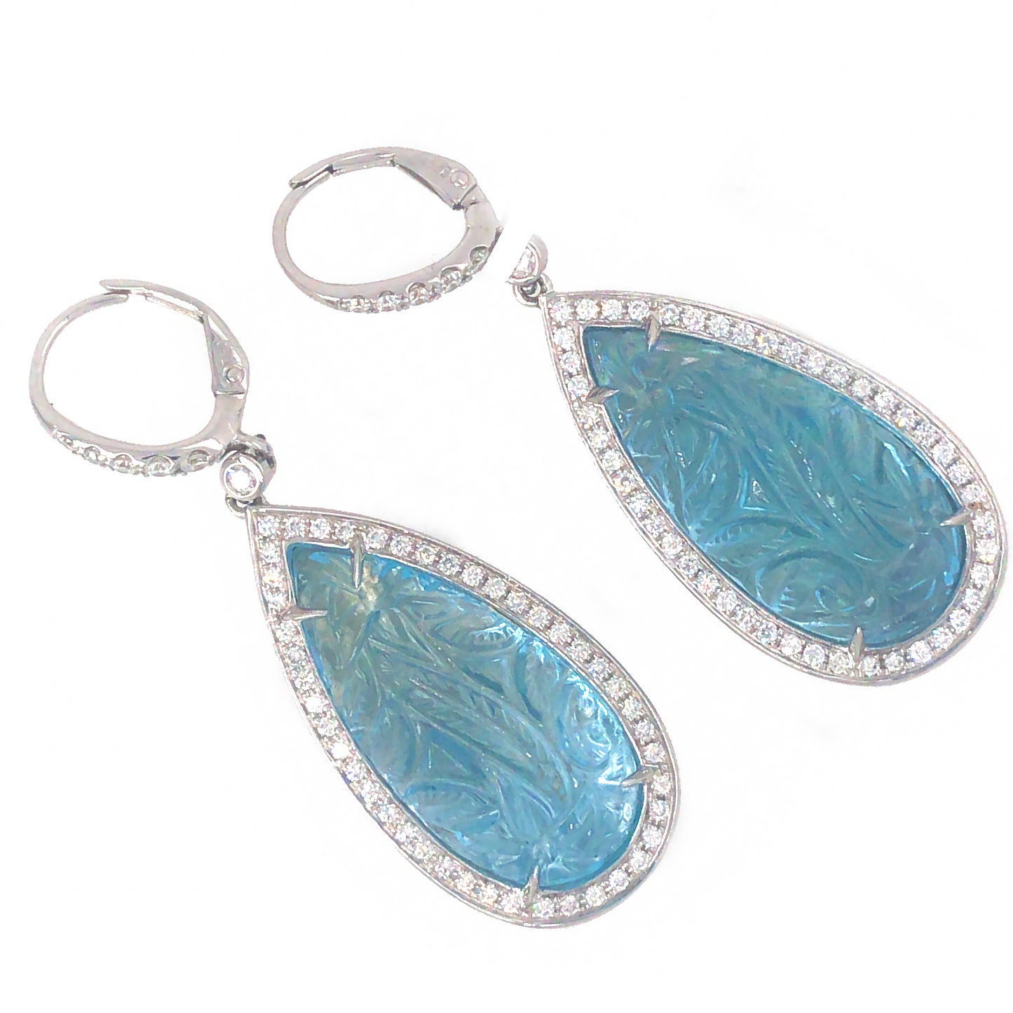 18k White Gold Carved Topaz and Diamond Earrings