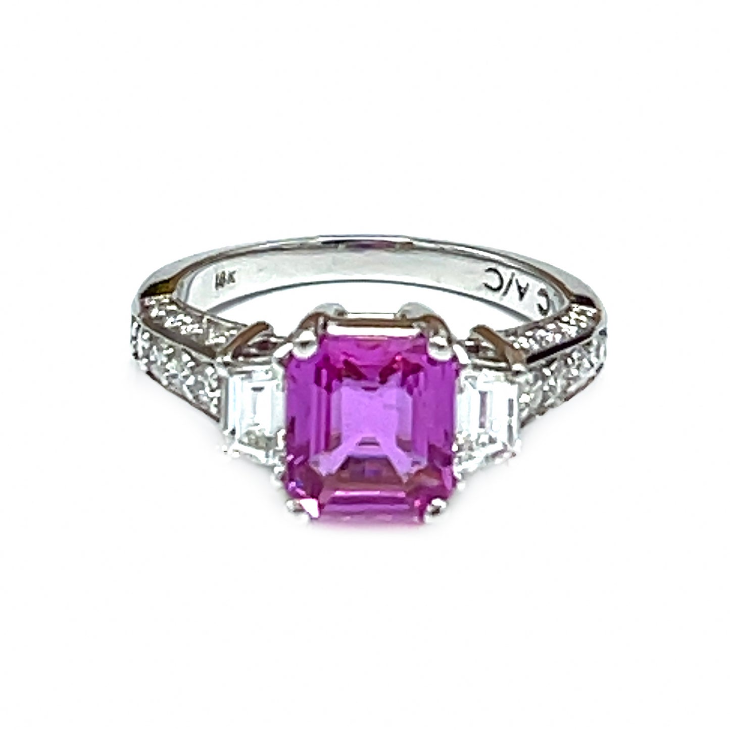 18k White Gold Pink Sapphire and Diamond 3 Stone Ring