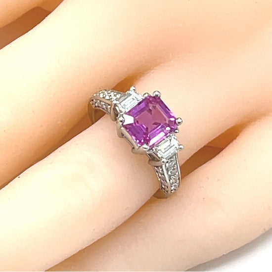 18k White Gold Pink Sapphire and Diamond 3 Stone Ring