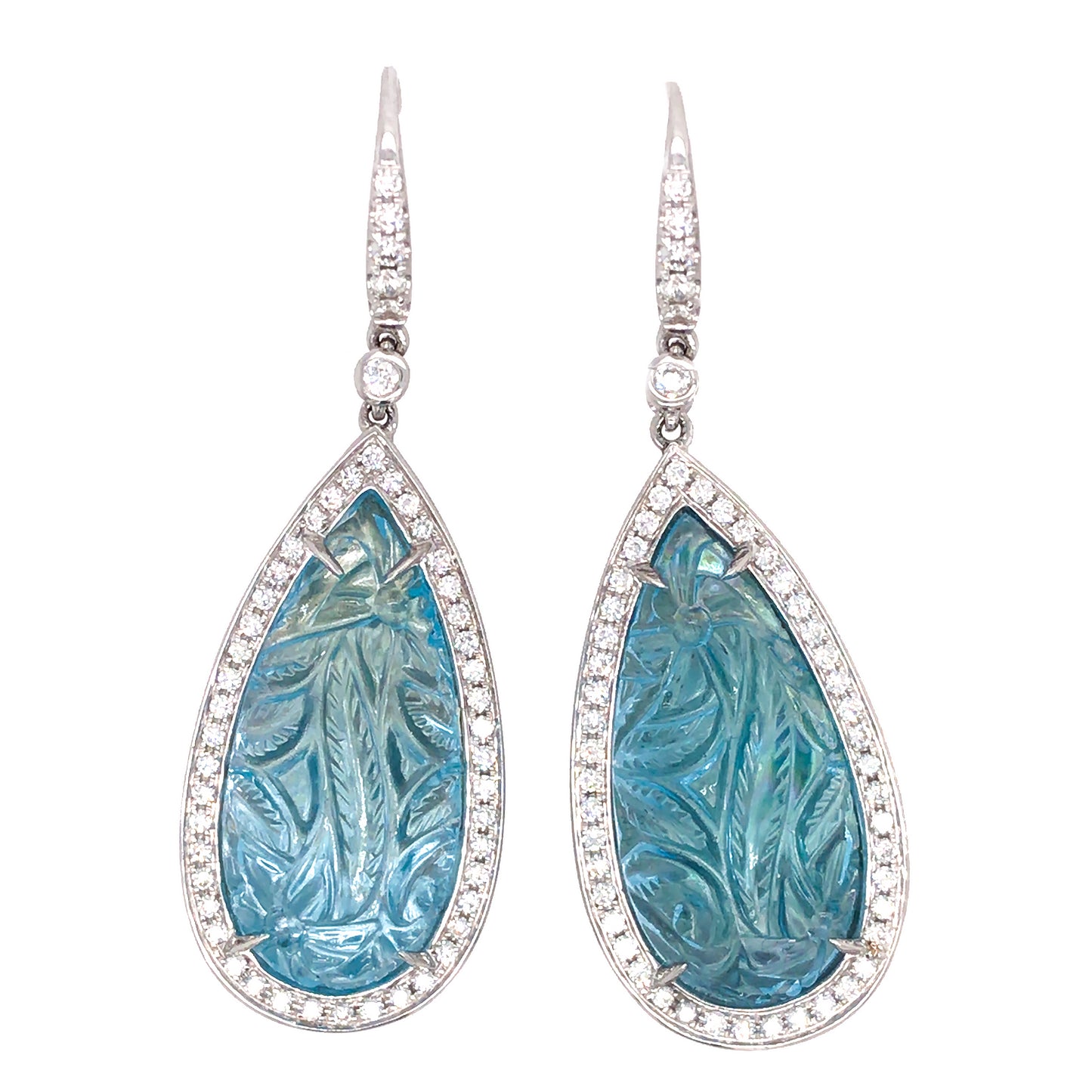 18k White Gold Carved Topaz and Diamond Earrings
