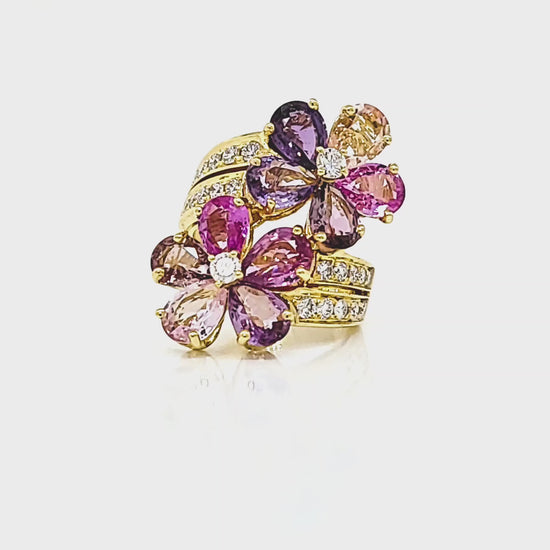 Load and play video in Gallery viewer, Bvlgari Sapphire &amp;amp; Diamond Flower Ring in 18k Gold
