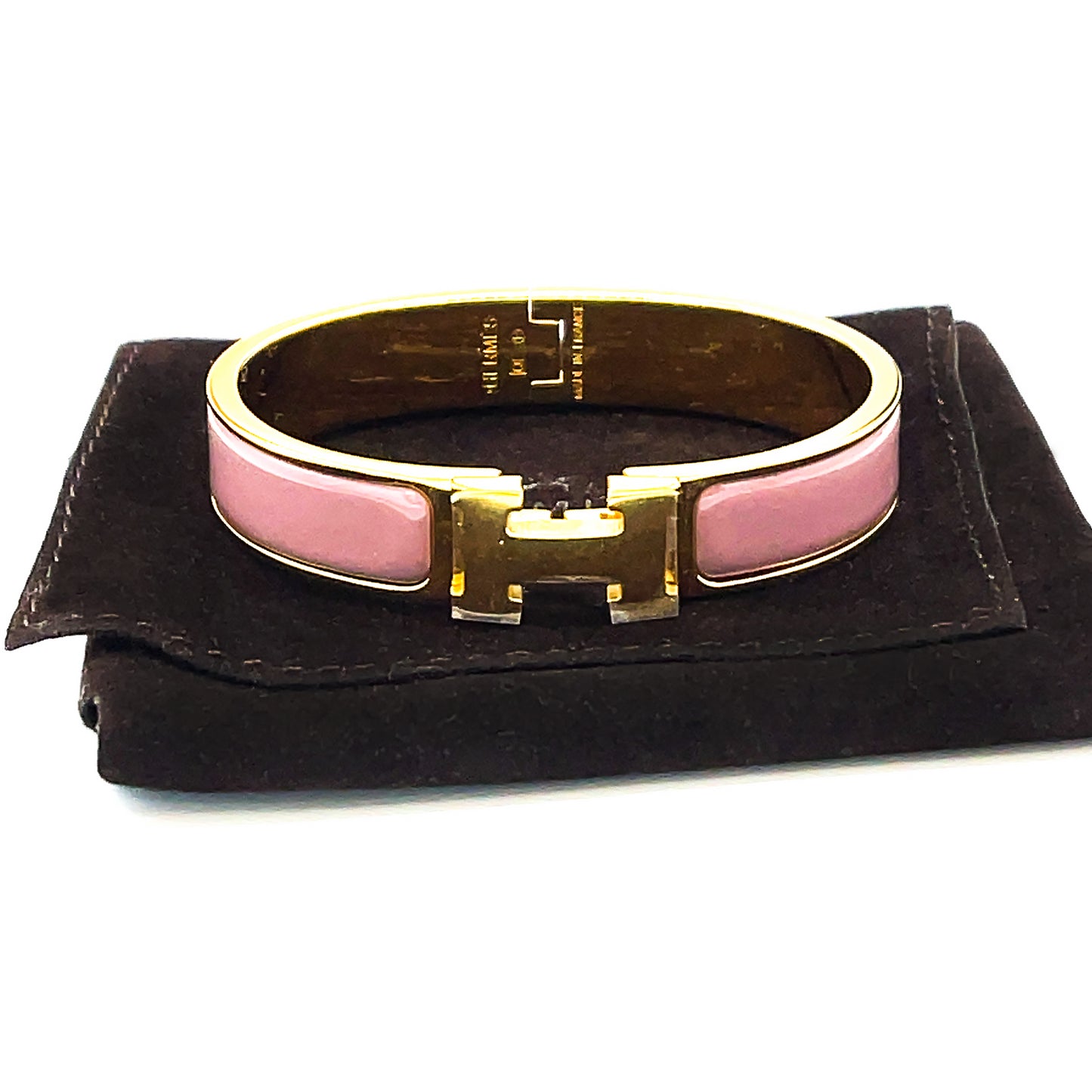 Pre-Owned Hermes Clic H Bracelet in Rose Enamel with 18k Gold Plated H –