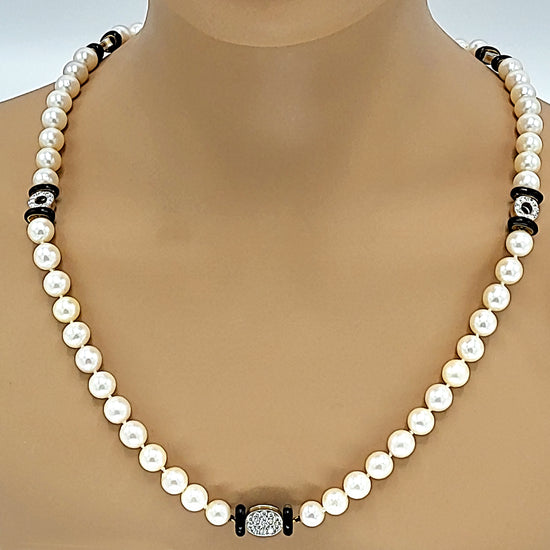 Cultured Pearl Long Necklace with Onyx and Diamonds Rondells
