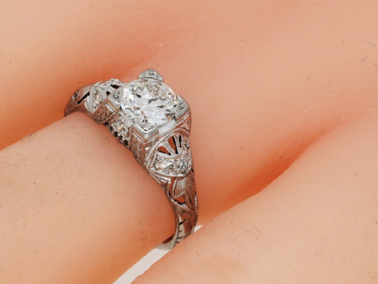 Platinum European Cut Diamond Art Deco Ring