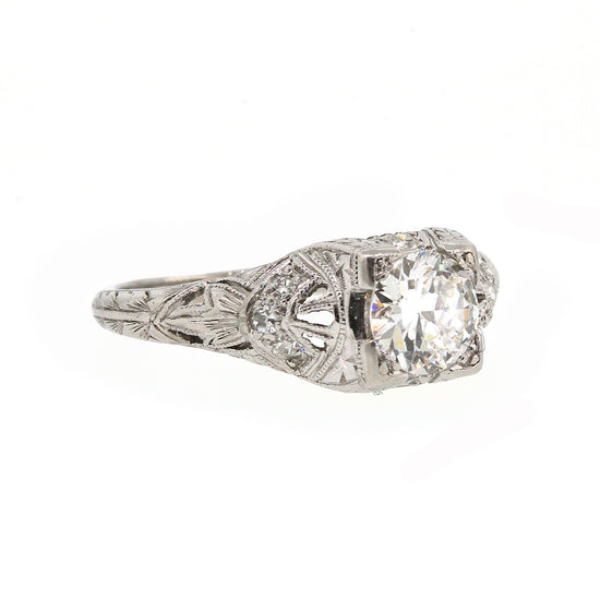 Platinum European Cut Diamond Art Deco Ring