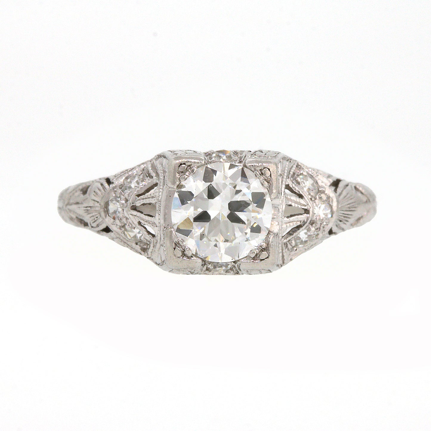 Platinum European Cut Diamond Art Deco Ring