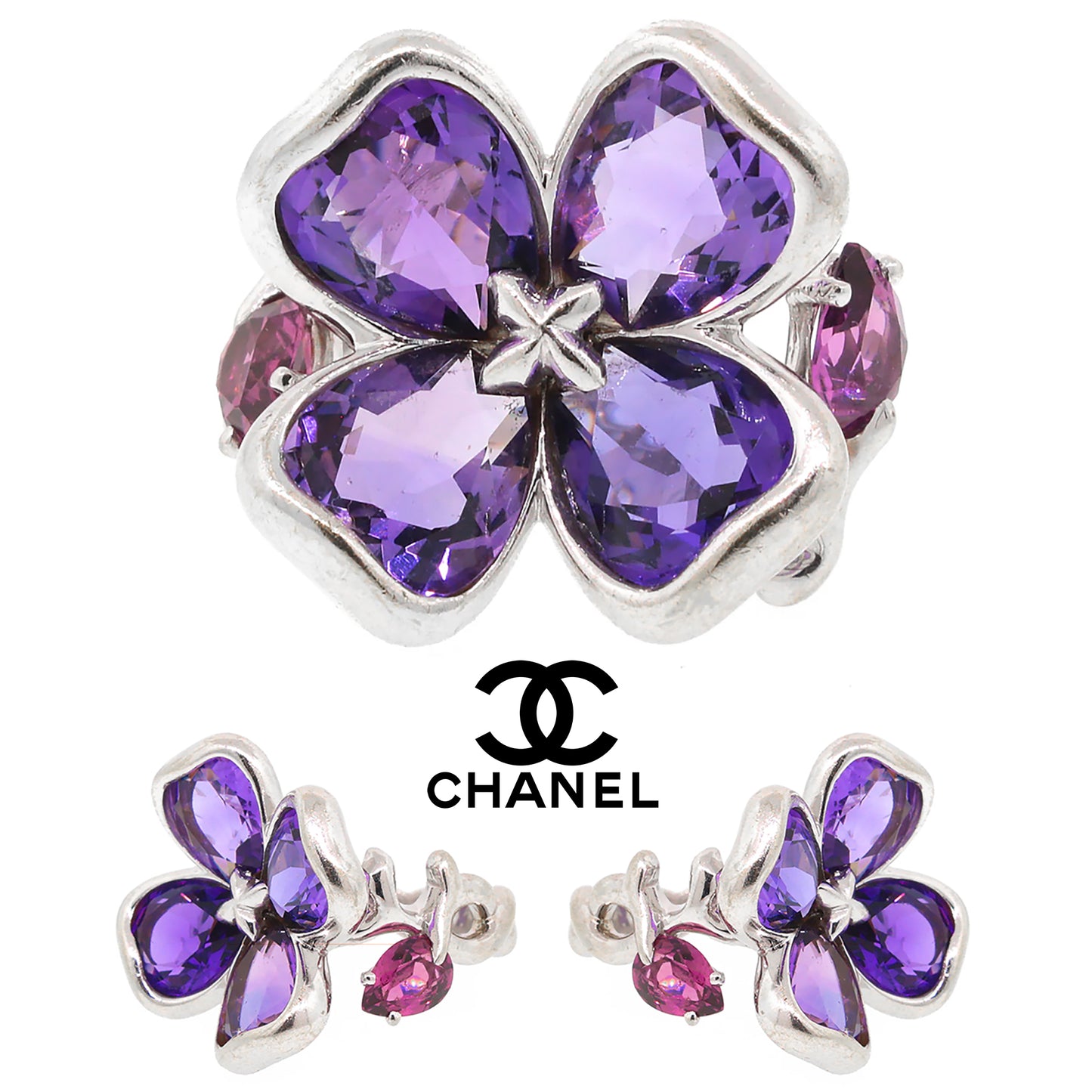 Chanel Camellia Flower Ring with Amethyst & Tourmaline