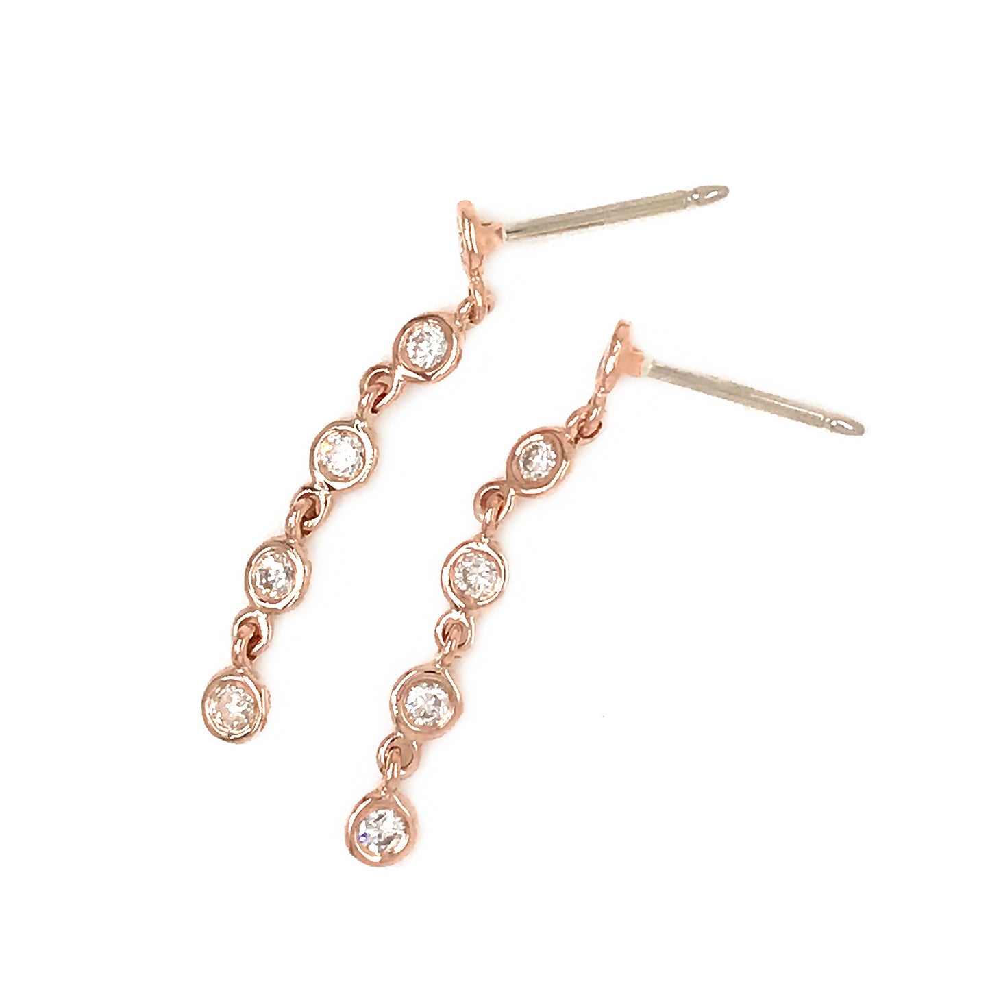 FAB DROPS 14k Pink Gold Bezel Set Round Diamond Drop Earrings