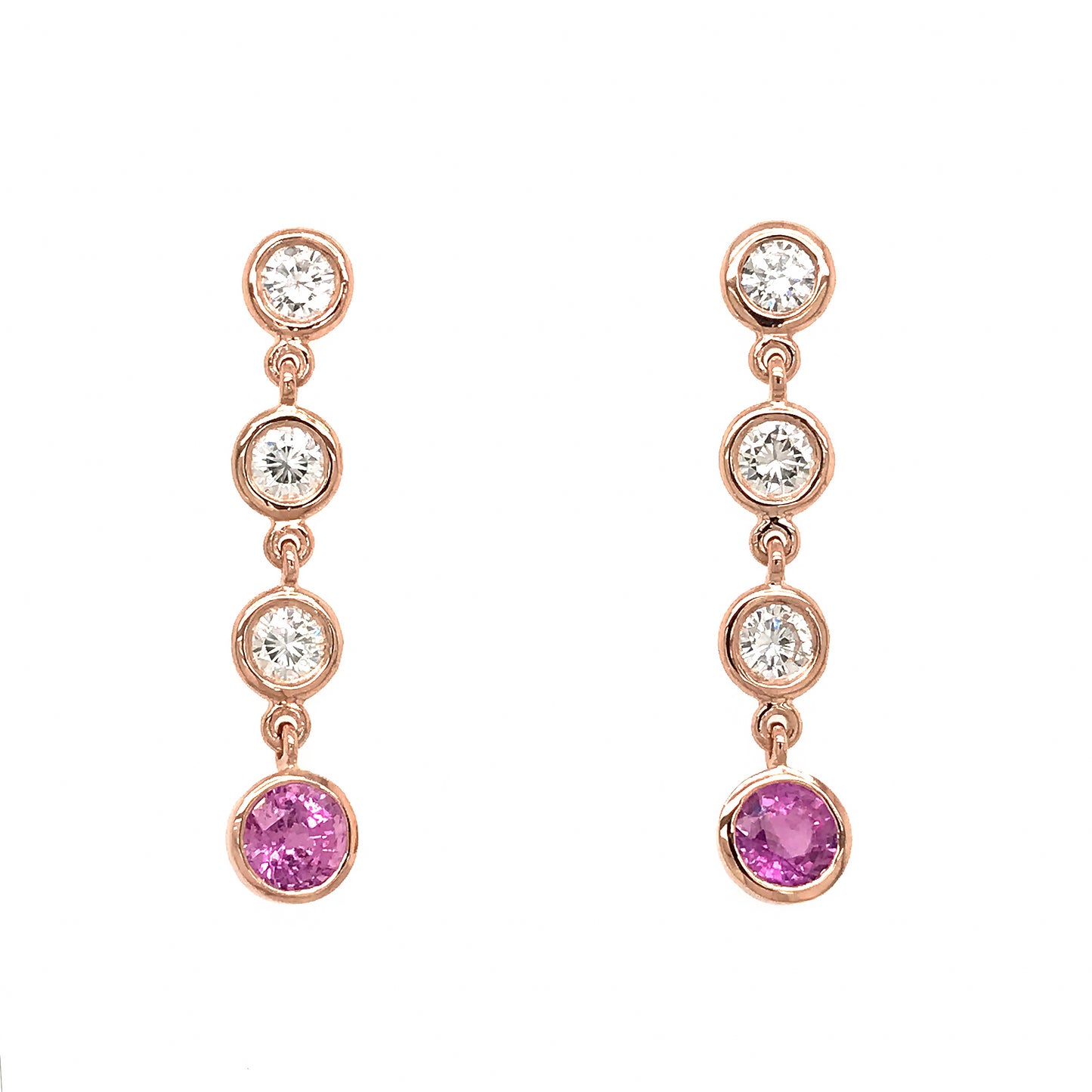 Load image into Gallery viewer, FAB DROPS 14k Pink Gold Bezel Set Diamond and Pink Sapphire Drop Earrings

