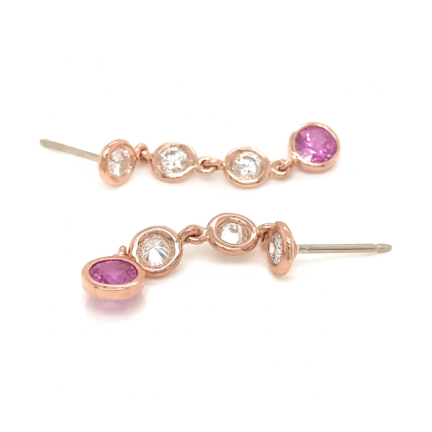 Load image into Gallery viewer, FAB DROPS 14k Pink Gold Bezel Set Diamond and Pink Sapphire Drop Earrings
