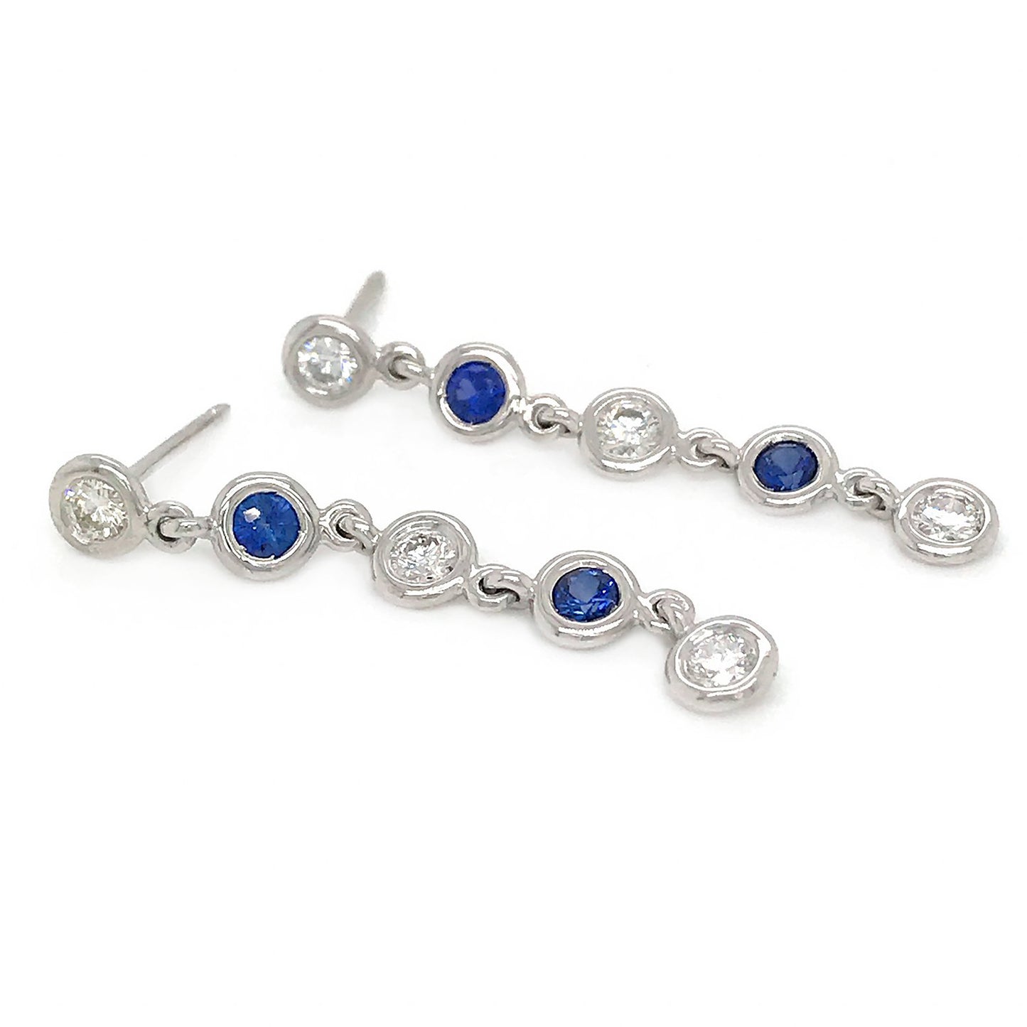 Load image into Gallery viewer, Fab Drops 14k White Gold Bezel Set Diamond and Sapphire Drop Earrings
