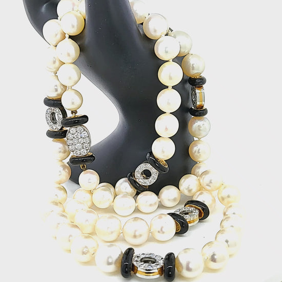 Load and play video in Gallery viewer, Long Cultured Pearl Necklace with Onyx &amp;amp; Diamond Rondelle
